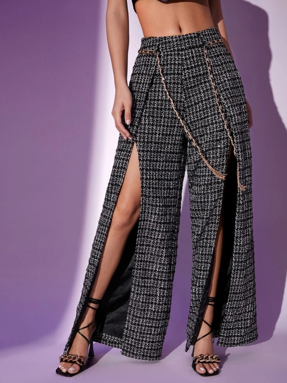 High-Waist Black & White Tweed Wide-Leg Slit Pants